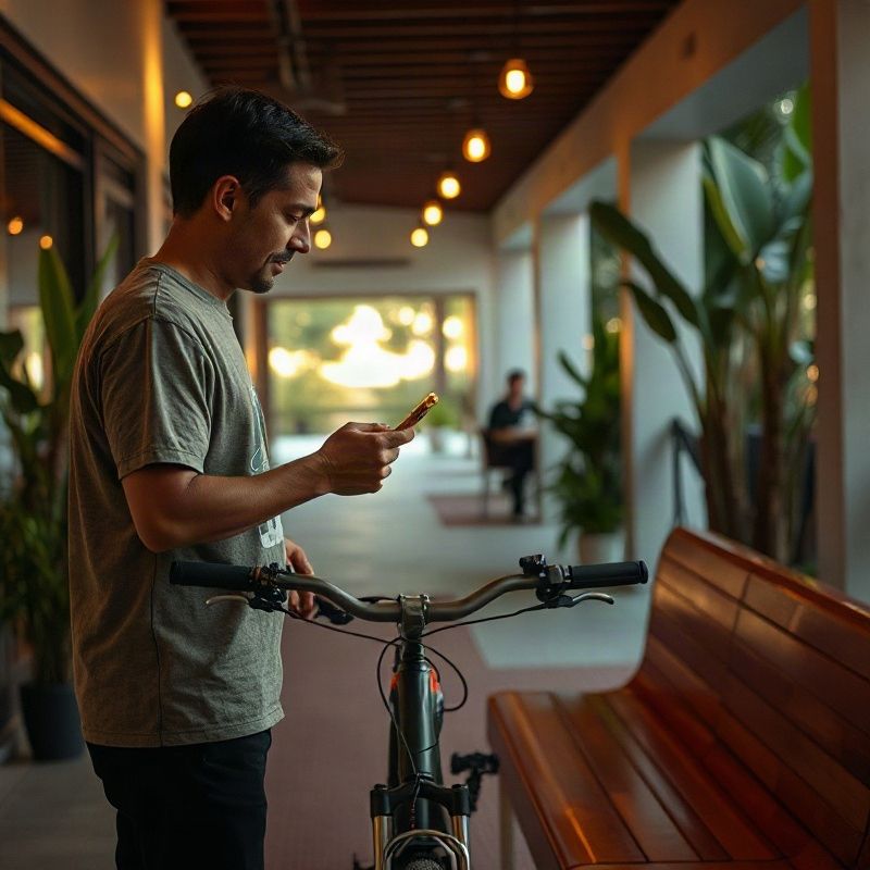 A staff member compares a bike light with the handlebars at the bench.