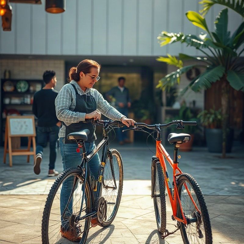 Mecânica mostra a uma cliente o desgaste de uma pastilha de freio ao lado da bicicleta.