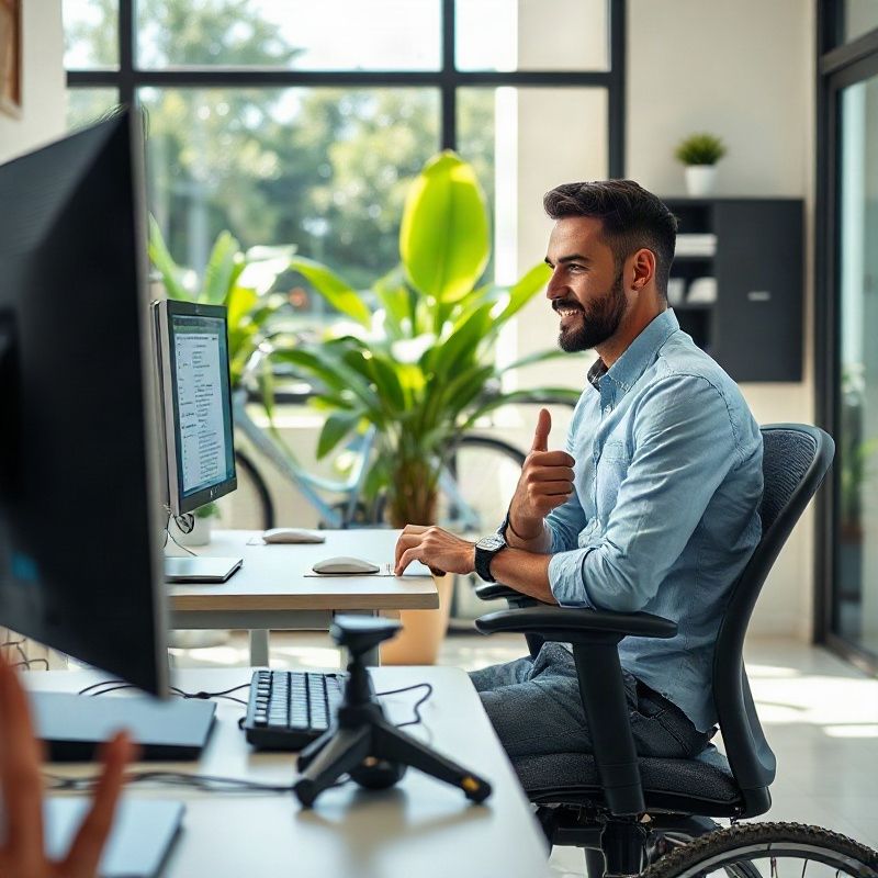 A person checks messages on the shop computer, with a bike beside the desk.
