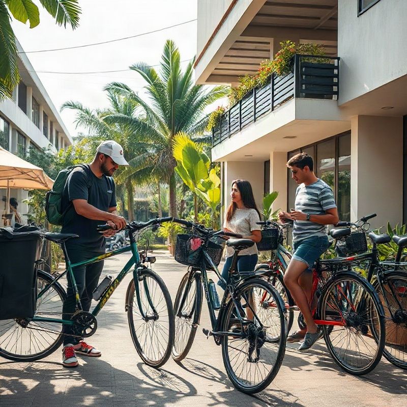 Pessoas organizam ferramentas e conversam ao lado de bicicletas na oficina.